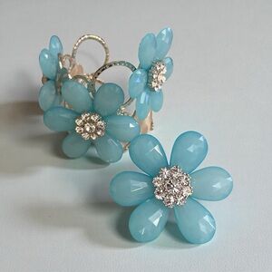 Blue Floral Statement Bracelet With Matching adjustable ring